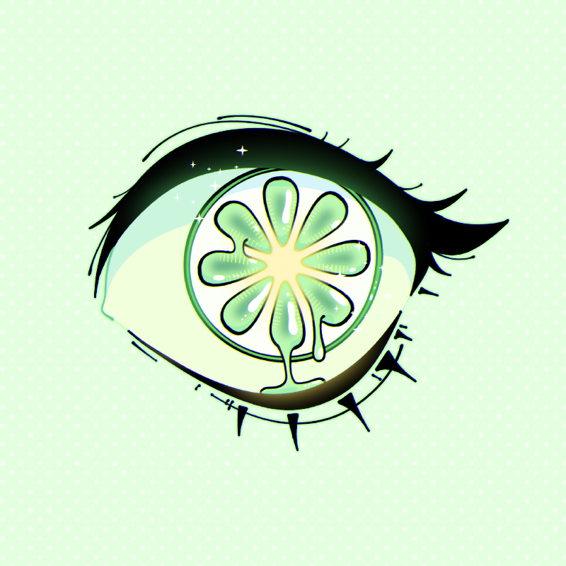 1other, colored_sclera, dripping, eye_focus, food, fruit, ghoulkiss, green_background