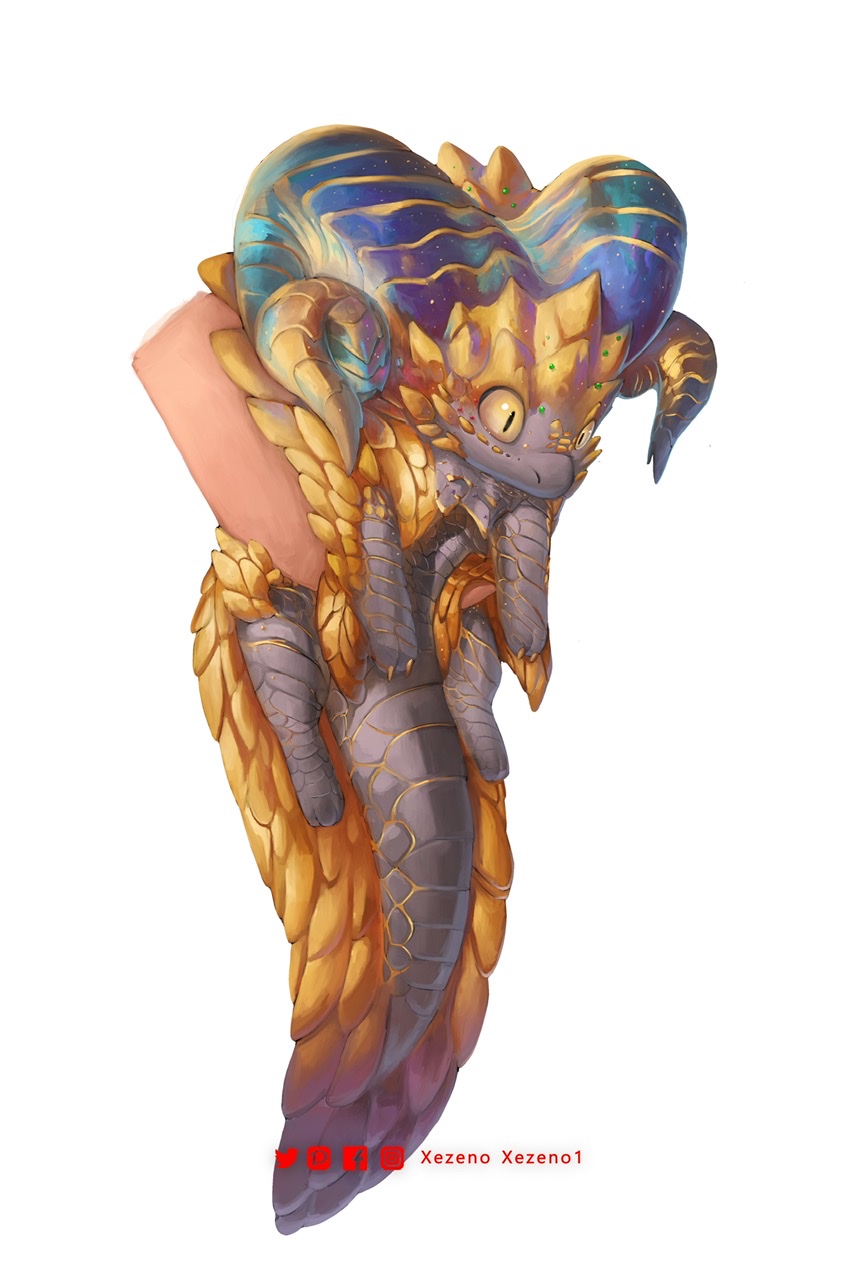 alternate_size, animal_hands, black_scales, blue_horns, chibi, claws, commentary, facebook_logo