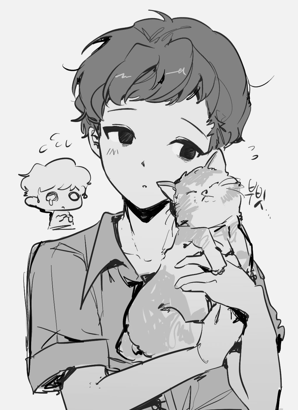 1boy, animal, cat, chibi, chibi_inset, commentary_request, fear_&amp;_hunger, fear_&amp;_hunger_2:_termina