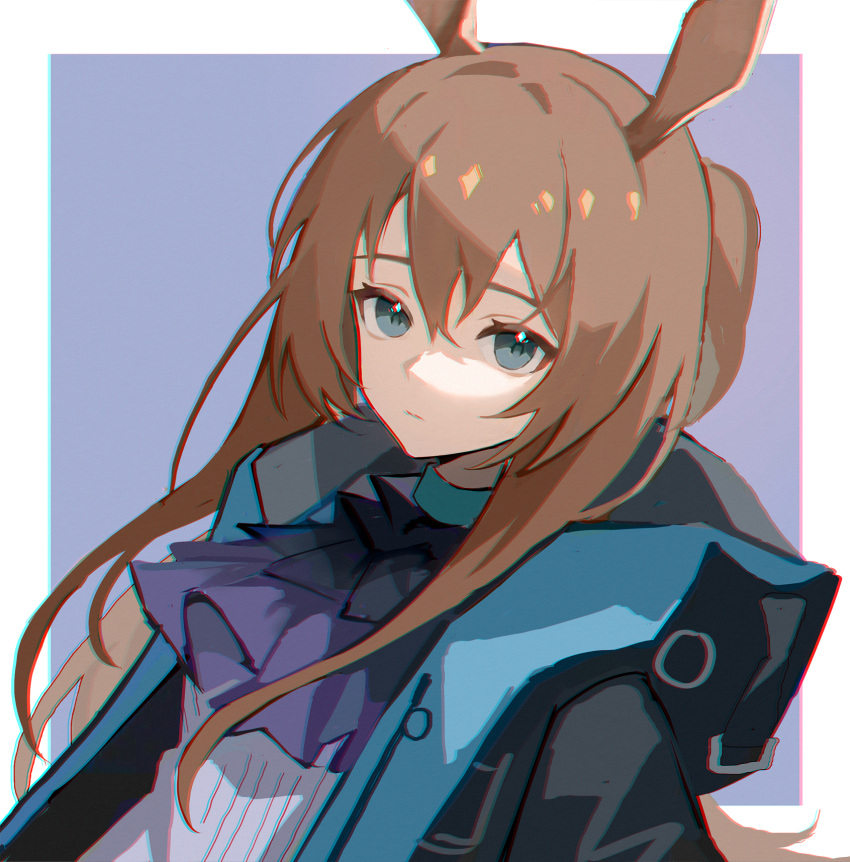 1girl, amiya_(arknights), animal_ears, arknights, ascot, black_jacket, blue_eyes, blue_jacket