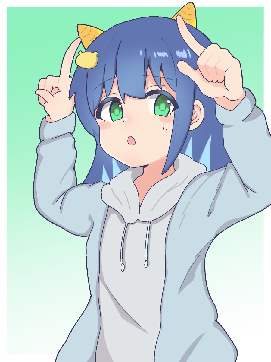 1girl, :o, blue_hair, blush_stickers, colored_inner_hair, commentary, cone_horns, drawstring