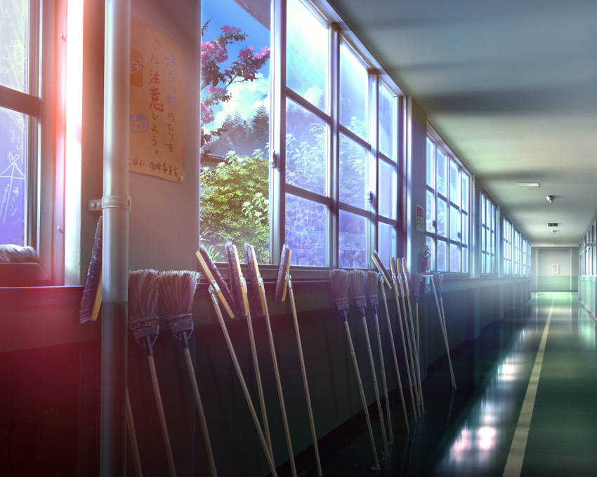 ai_ai_gasa, broom, cloud, flower_request, hallway, mop, no_humans, original