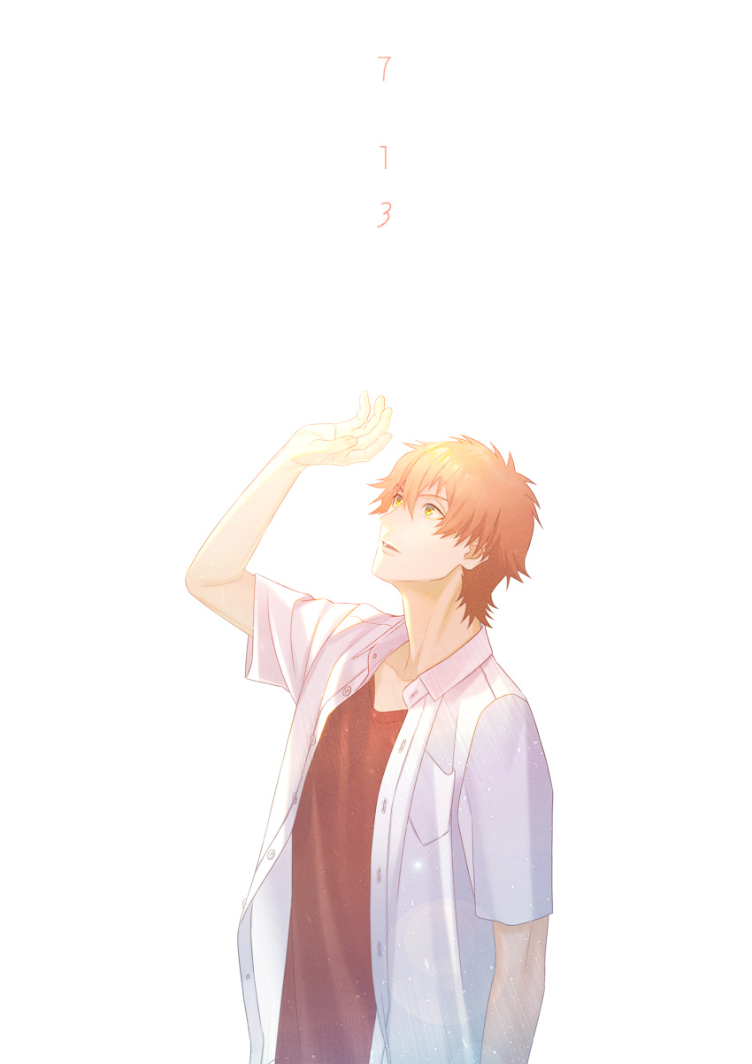 1boy, hand_up, highres, looking_up, mamiya_chiaki, open_clothes, open_shirt, orange_hair