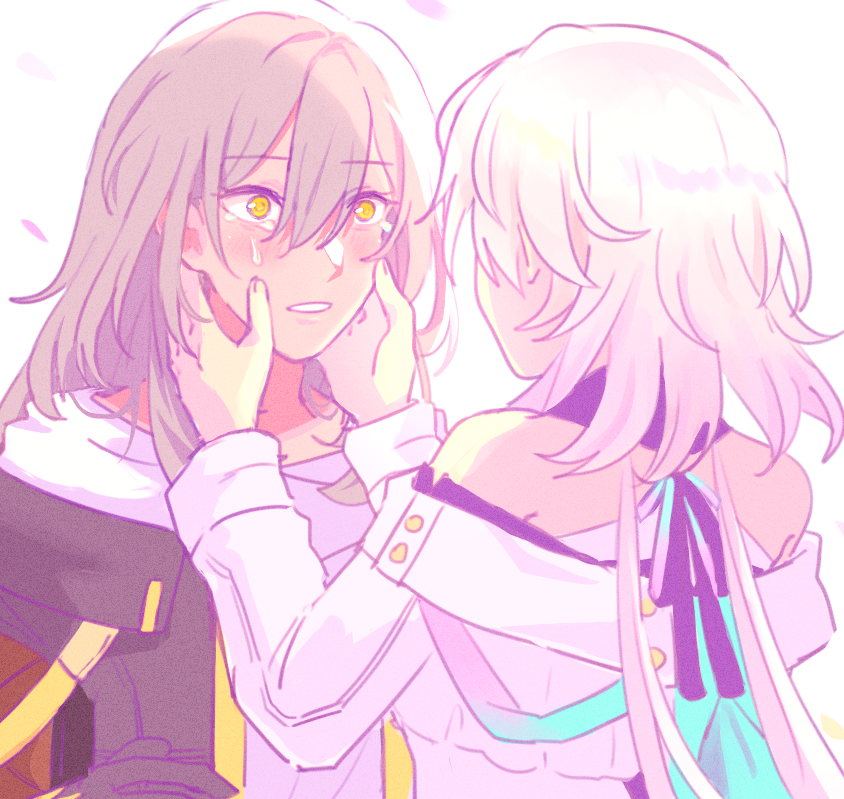 2girls, bare_shoulders, black_gloves, black_jacket, crying, crying_with_eyes_open, dh_t23, dress, eileen_(honkai:_star_rail), gloves, grey_hair, hashtag-only_commentary, honkai:_star_rail, honkai_(series), jacket, medium_hair, multiple_girls, off-shoulder_dress, off_shoulder, open_clothes, open_jacket, shirt, simple_background, stelle_(honkai:_star_rail), tears, trailblazer_(honkai:_star_rail), upper_body, white_background, white_dress, white_hair, white_shirt, yellow_eyes