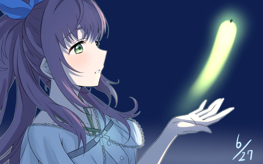 1girl, absurdres, animal, asagao_reijou_(love_live!), blue_background, bug, capelet, collarbone, criss-cross_halter, dated, dress, firefly, green_eyes, halter_dress, halterneck, hand_up, highres, ixianim, light_trail, link!_like!_love_live!, long_hair, looking_at_animal, love_live!, otomune_kozue, outline, parted_lips, ponytail, purple_hair, see-through, see-through_capelet, sidelocks, sideways_mouth, solo, upper_body, virtual_youtuber, white_capelet, white_dress, white_outline