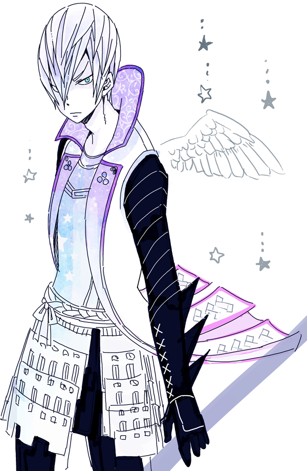 1boy, angel_wings, armor, black_gloves, cowboy_shot, frown, gloves, ha0810, hair_over_one_eye, ishida_mitsunari_(sengoku_basara), japanese_armor, looking_at_viewer, male_focus, sengoku_basara, short_hair, simple_background, solo, star_(symbol), v-shaped_eyebrows, white_background, white_hair, wings