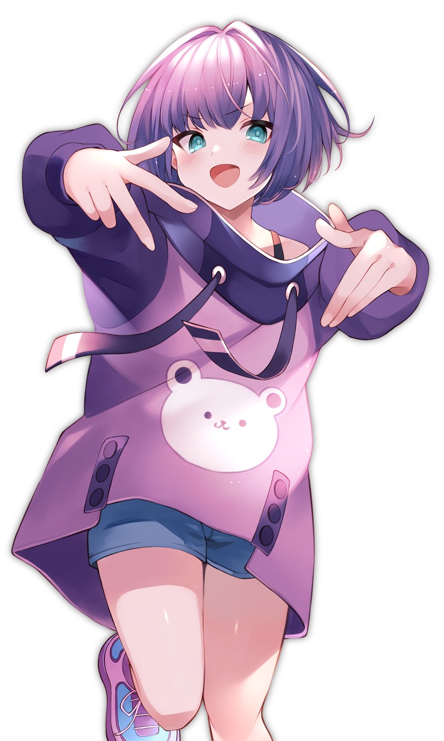 1girl, aqua_eyes, blue_shorts, blush, bob_cut, highres, hood, hoodie