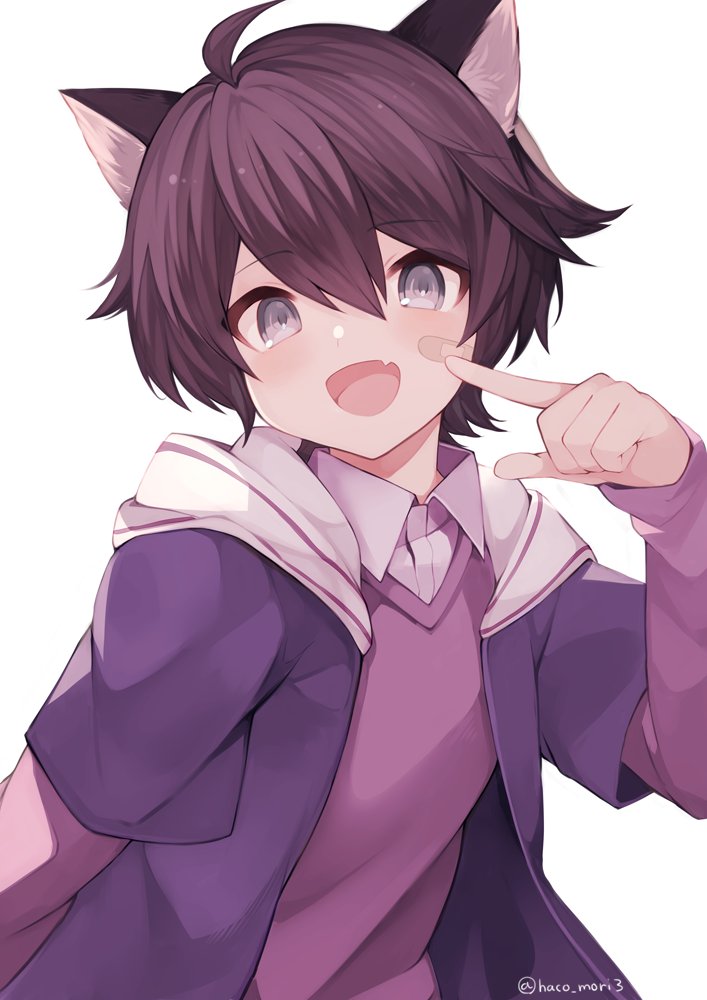 1boy, animal_ears, bandaid, bandaid_on_cheek, bandaid_on_face, brown_hair, cat_ears, fang