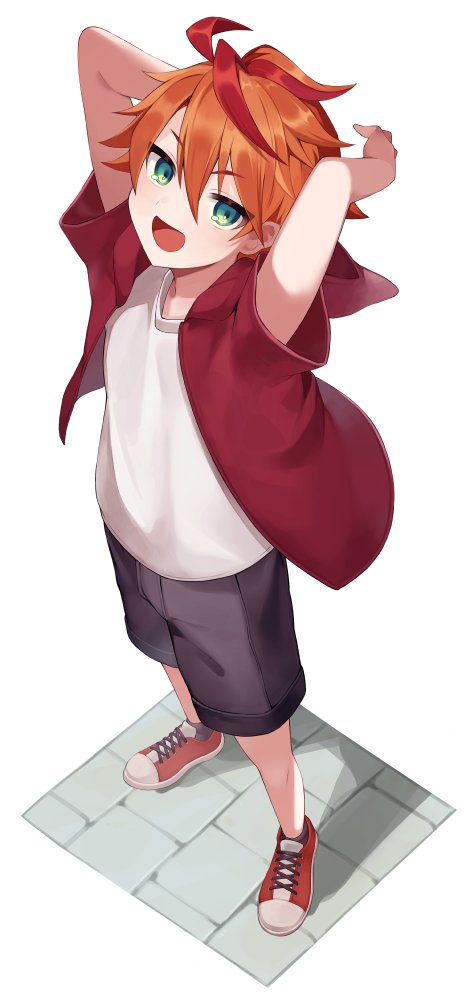 1boy, aqua_eyes, arms_up, bishounen, black_shorts, jacket, male_focus, memo_haco