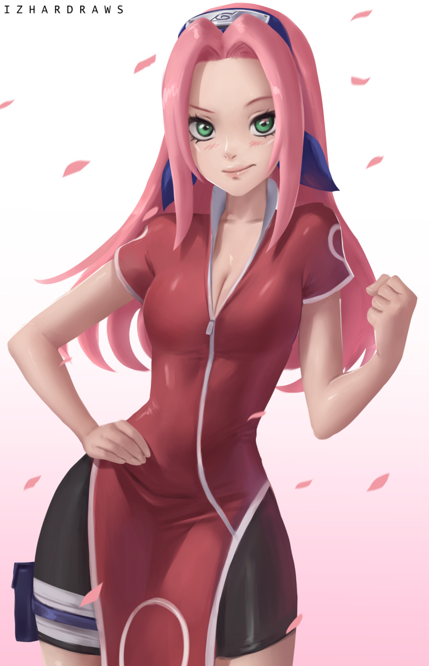 1girl, breasts, clenched_hand, collarbone, forehead, green_eyes, hand_on_own_hip, haruno_sakura