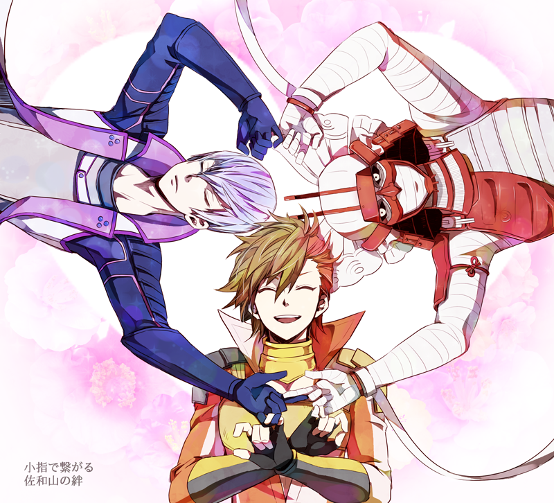 3boys, :d, ^_^, armor, bandaged_arm, bandaged_hand, bandaged_head, bandages, black_gloves, black_sclera, blue_gloves, brown_hair, closed_eyes, colored_sclera, fingerless_gloves, frown, gloves, ha0810, heart, ishida_mitsunari_(sengoku_basara), japanese_armor, looking_at_viewer, male_focus, multicolored_hair, multiple_boys, ootani_yoshitsugu_(sengoku_basara), pink_background, redhead, sengoku_basara, shima_sakon_(sengoku_basara), short_hair, shoulder_armor, smile, teeth, two-tone_hair, upper_teeth_only, white_eyes, white_hair