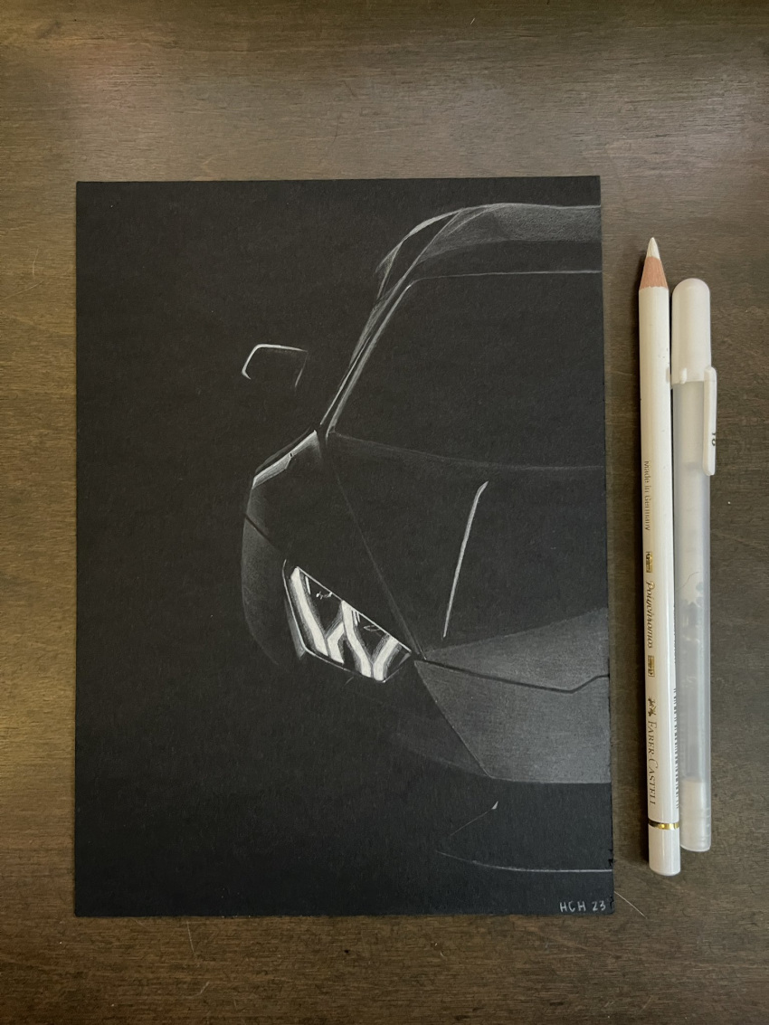 art_tools_in_frame, black_background, car, colored_pencil, colored_pencil_(medium), english_commentary, glowing, greyscale