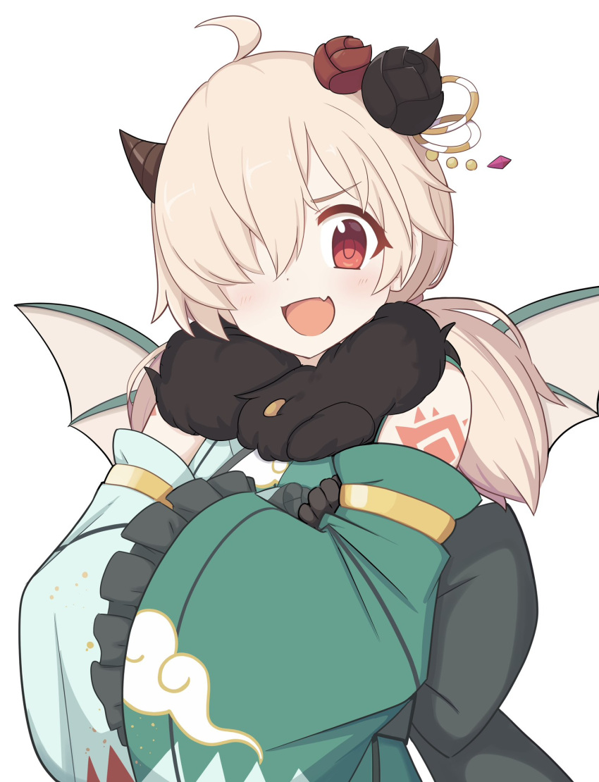 1girl, :d, blonde_hair, detached_sleeves, dragon_girl, dragon_horns, dragon_wings, fang