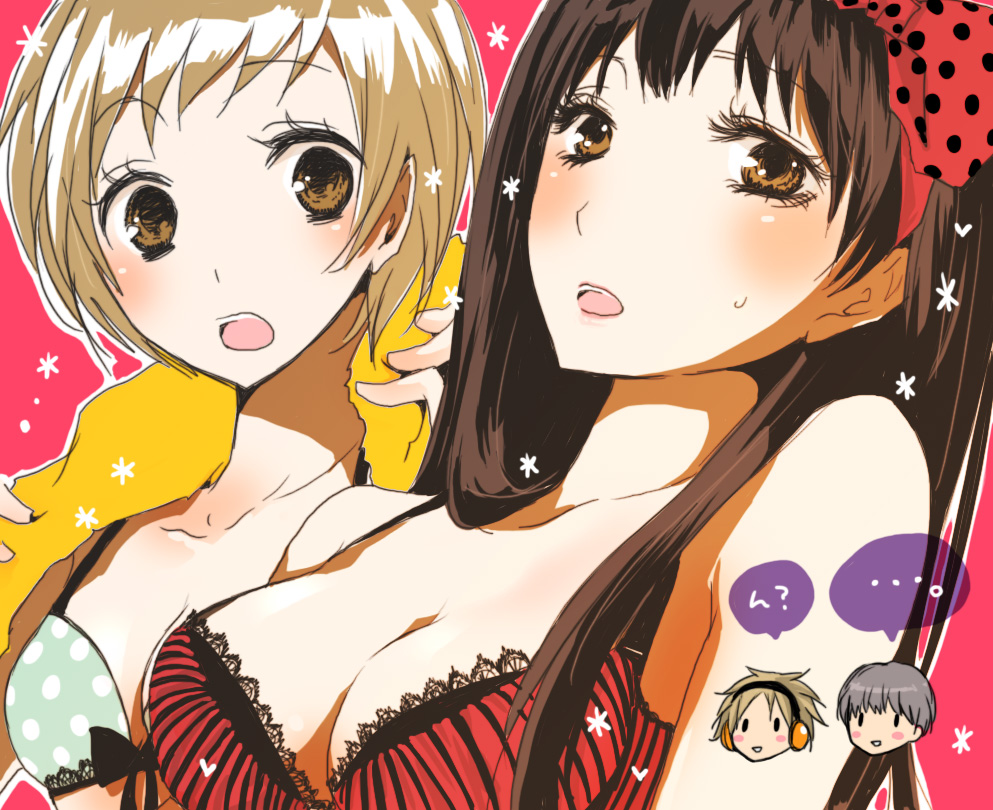 black_hair, bra, brown_eyes, brown_hair, grey_hair, hanamura_yousuke, headphones, lingerie, long_hair, narukami_yuu, natsuko_furuya, persona, persona_4, satonaka_chie, seta_souji, short_hair, underwear