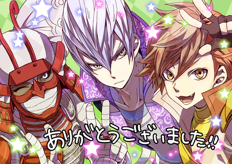 3boys, :3, :d, armor, bandaged_arm, bandaged_hand, bandaged_head, bandages