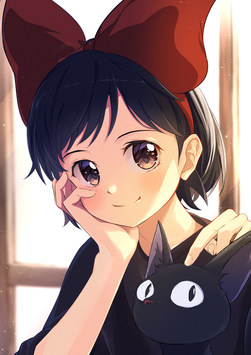1girl, absurdres, black_cat, black_dress, black_hair, blush, bob_cut, bow, brown_eyes, cat, close-up, closed_mouth, commentary, dress, elbow_rest, from_side, hair_bow, hair_ribbon, hand_on_own_face, head_rest, highres, isshin_(isshin_oekaki), jiji_(majo_no_takkyuubin), kiki_(majo_no_takkyuubin), light_blush, light_particles, looking_at_viewer, looking_to_the_side, majo_no_takkyuubin, petting, portrait, red_bow, red_ribbon, ribbon, short_hair, short_sleeves, slit_pupils, smile, solo, swept_bangs, window