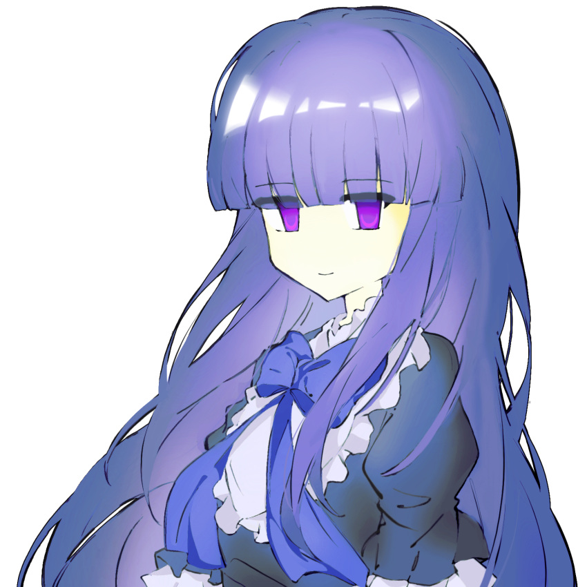 1girl, black_shirt, blue_hair, blue_ribbon, blunt_bangs, closed_mouth, frederica_bernkastel, frills