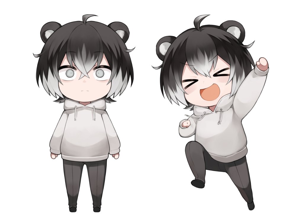 >_<, 1boy, animal_ears, arm_up, bear_ears, black_hair, black_pants, blush