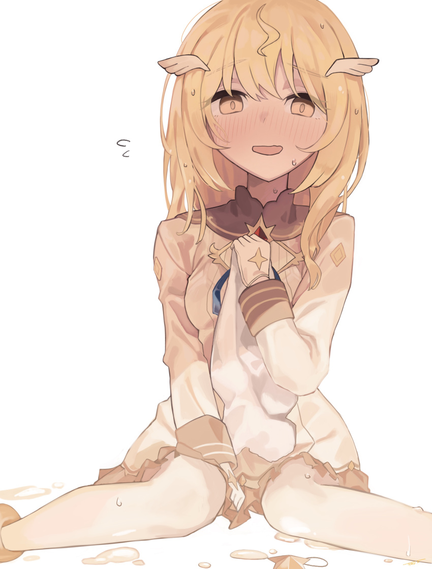 1girl, absurdres, ahoge, blonde_hair, blush, clear_(princess_connect!), embarrassed, hair_ornament