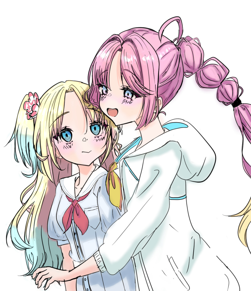 2girls, :>, ahoge, anyoji_hime, black_ribbon, blonde_hair, blue_eyes, blunt_bangs