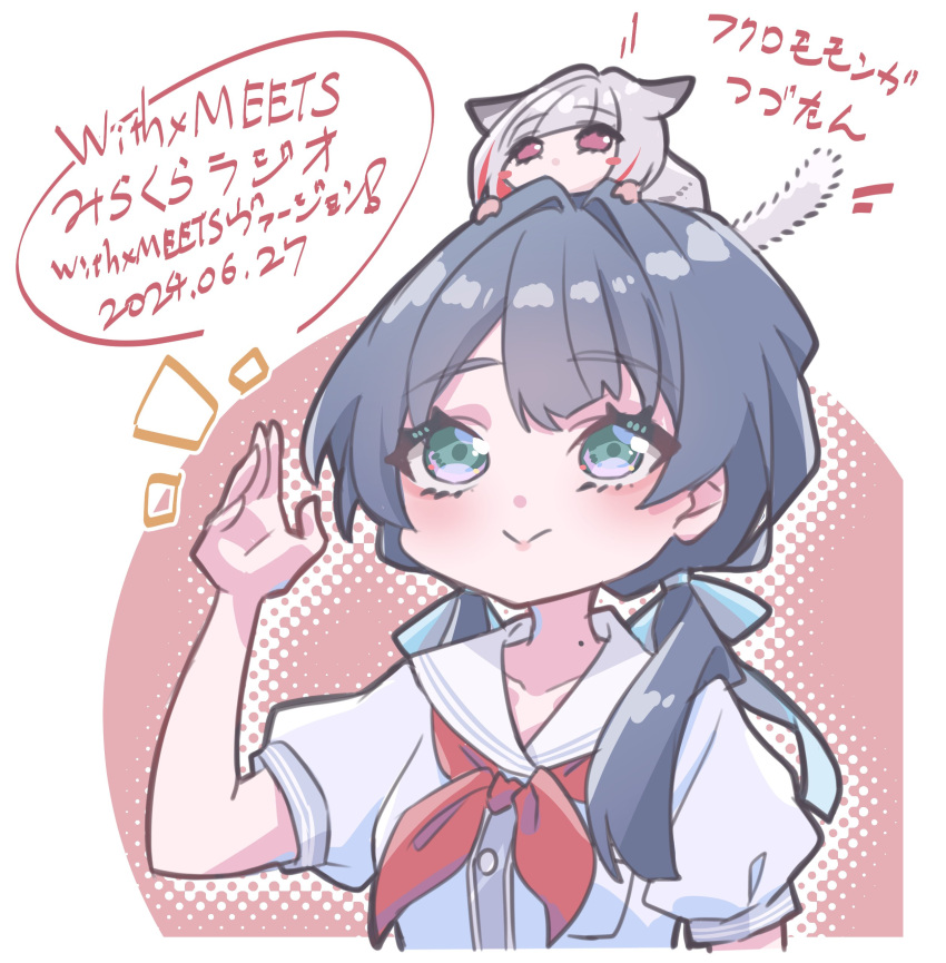 2girls, :>, absurdres, animal_ears, blue_eyes, blue_hair, blue_ribbon, blush_stickers, bob_cut, breast_pocket, cat_ears, cat_girl, cat_tail, circle, closed_mouth, collarbone, colored_inner_hair, commentary_request, cropped_torso, dark_blue_hair, diagonal_bangs, dress, grey_hair, hair_ribbon, halftone, halftone_background, hasu_no_sora_school_uniform, highres, inverted_bob, kemonomimi_mode, link!_like!_love_live!, long_hair, looking_up, love_live!, low_twintails, mini_person, minigirl, mole, mole_on_neck, multicolored_hair, multiple_girls, murano_sayaka, neckerchief, notice_lines, nuko_kirisaki, on_head, person_on_head, pocket, puffy_short_sleeves, puffy_sleeves, red_background, red_eyes, red_neckerchief, redhead, ribbon, sailor_collar, sailor_dress, school_uniform, short_hair, short_sleeves, smile, split_mouth, streaked_hair, summer_uniform, tail, translation_request, twintails, two-tone_background, upper_body, virtual_youtuber, white_background, white_dress, white_sailor_collar, yugiri_tsuzuri