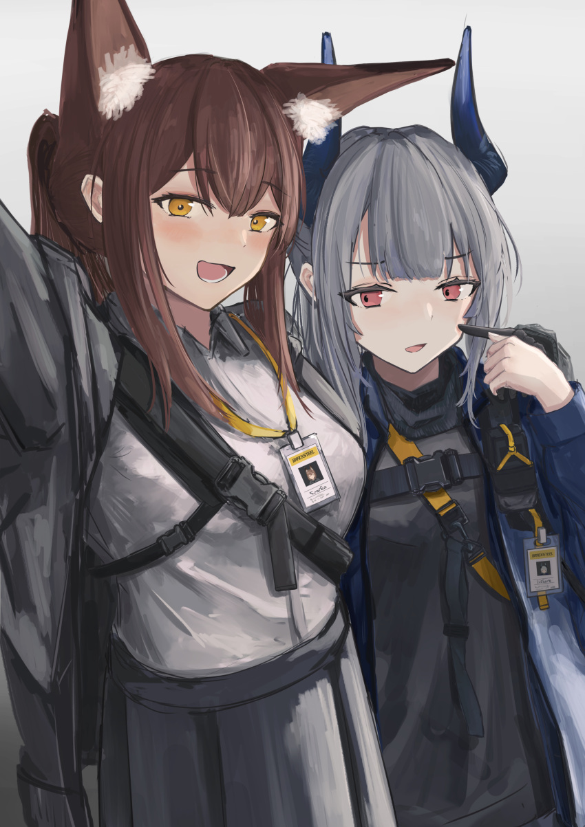 2girls, :d, absurdres, animal_ear_fluff, animal_ears, arknights, black_gloves, black_shirt, blush, brown_hair, commentary_request, cowboy_shot, dragon_girl, dragon_horns, english_commentary, fox_ears, fox_girl, foxio, franka_(arknights), gloves, grey_background, grey_jacket, grey_skirt, highres, holding, holding_clothes, holding_gloves, horns, jacket, lanyard, liskarm_(arknights), long_sleeves, looking_at_viewer, lower_teeth_only, medium_hair, mixed-language_commentary, multiple_girls, open_clothes, open_jacket, open_mouth, partial_commentary, pink_eyes, purple_horns, purple_jacket, selfie, shirt, sketch, skirt, smile, standing, strap, taking_picture, teeth, turtleneck, turtleneck_shirt, unworn_gloves, white_shirt, yellow_eyes