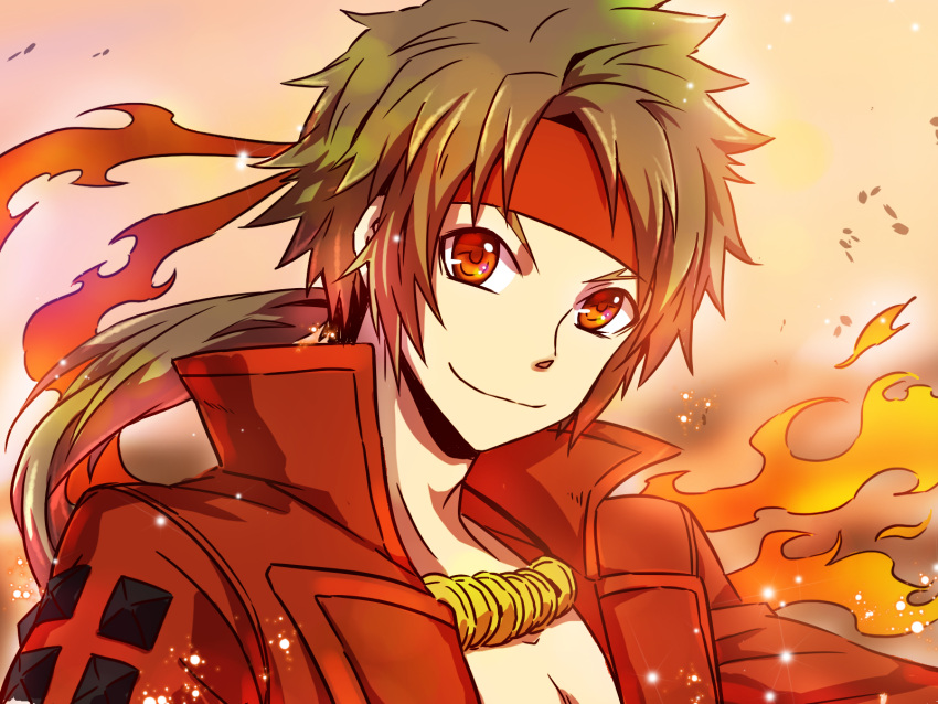 1boy, brown_hair, fire, ha0810, headband, highres, jacket, jewelry