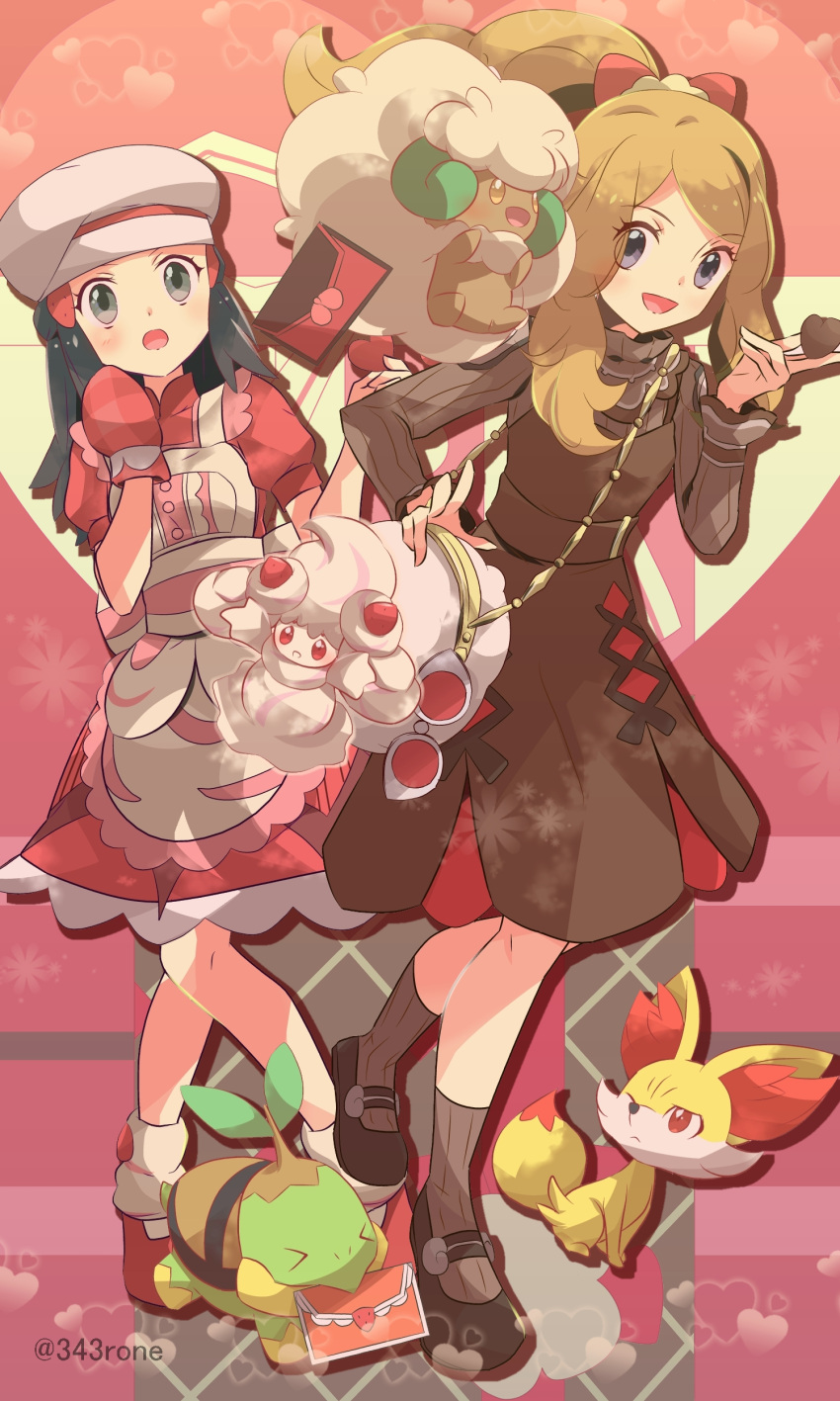2girls, 343rone, :d, absurdres, alcremie, alcremie_(strawberry_sweet), alternate_costume, apron