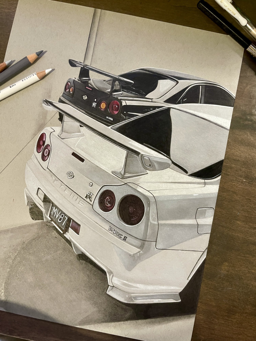 art_tools_in_frame, black_car, colored_pencil, colored_pencil_(medium), commentary, english_commentary, hannah_(handrawnby), highres, license_plate, nissan, nissan_skyline, nissan_skyline_gt-r, nissan_skyline_r34, no_humans, original, pencil, photo_(medium), photo_(object), shadow, spoiler_(automobile), traditional_media, vehicle_focus, white_car