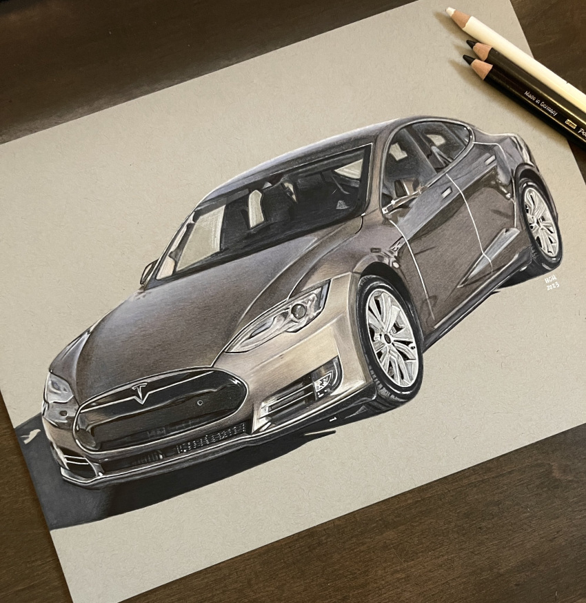 2024, art_tools_in_frame, car, colored_pencil_(medium), commentary, grey_car, hannah_(handrawnby), highres