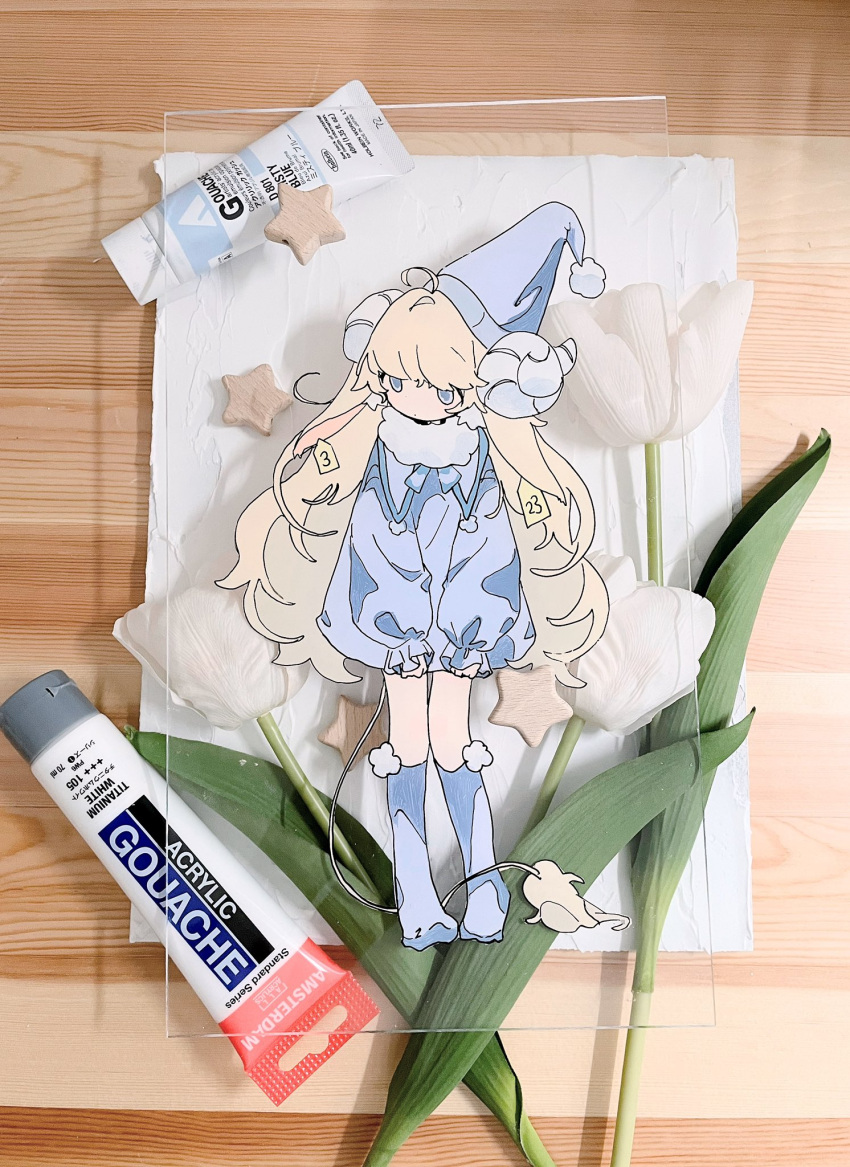 1girl, acrylic_paint_(medium), ahoge, animal_ears, art_tools_in_frame, blonde_hair, blue_eyes, curled_horns