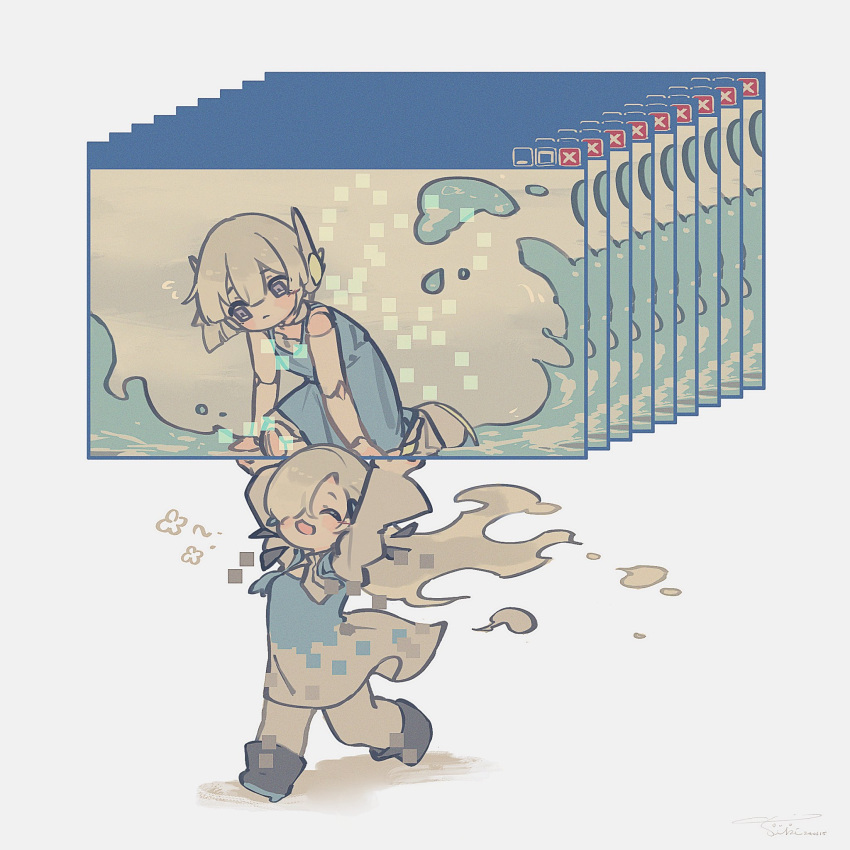 2girls, aiobahn, android_girl_(aiobahn), arms_up, black_footwear, blue_dress, blue_flower, carrying