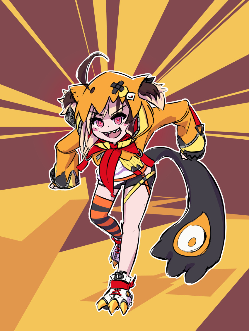 1girl, absurdres, animal_ear_hood, bike_shorts, black_gloves, black_shorts, black_thighhighs, blush, fingerless_gloves, gigi_murin, gloves, highres, hololive, hololive_english, hood, hoodie, looking_at_viewer, multicolored_hair, nin_tan, orange_hoodie, orange_thighhighs, sharp_teeth, shirt, shoes, short_hair, shorts, smile, solo, striped_clothes, striped_thighhighs, teeth, thigh-highs, two-tone_hair, two_side_up, violet_eyes, virtual_youtuber, white_footwear, white_shirt