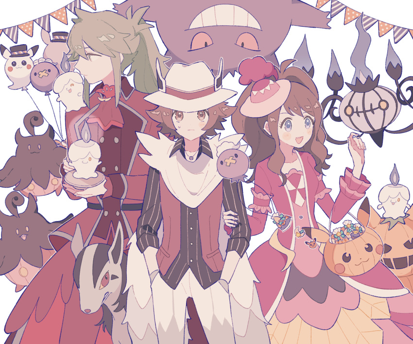 1girl, 2boys, :d, alternate_costume, ascot, blue_eyes, blush, blush_stickers