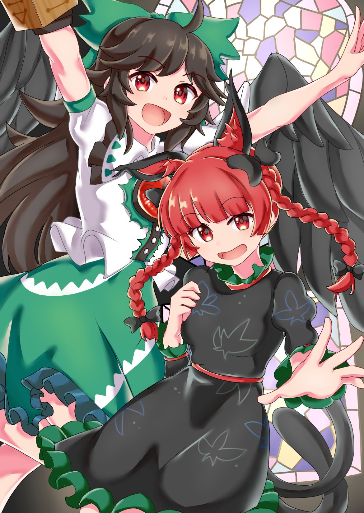 2girls, :d, ahoge, animal_ears, arm_cannon, black_dress, black_wings, braid