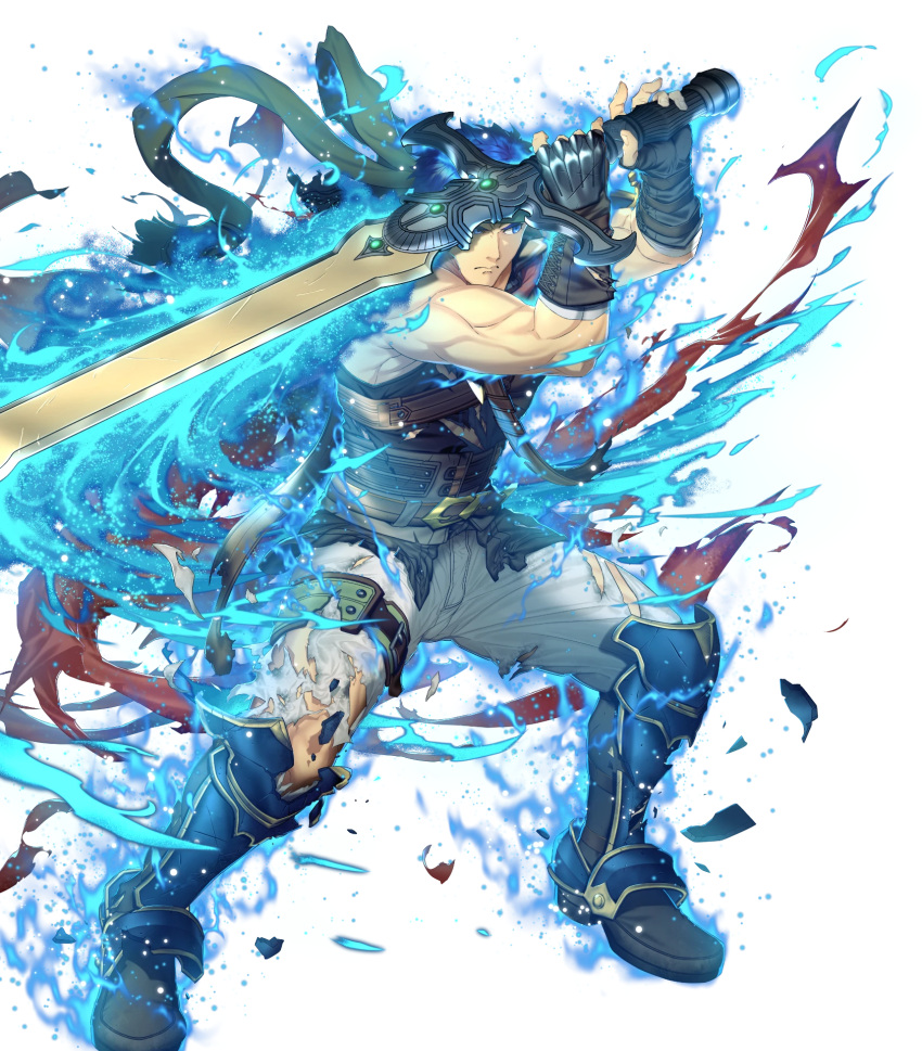 1boy, aura, blue_eyes, blue_hair, brown_gloves, cape, damaged, fingerless_gloves