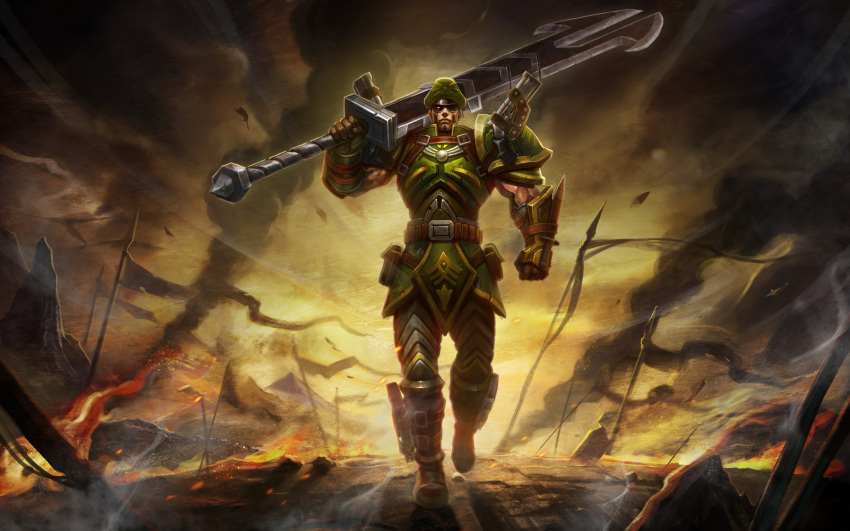 1boy, absurdres, armor, bag, battle, battlefield, belt, biceps