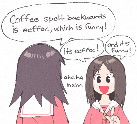 2girls, azumanga_daioh, azumanga_daioh's_school_uniform, brown_eyes, brown_hair, english_text, index_finger_raised, inkerton-kun
