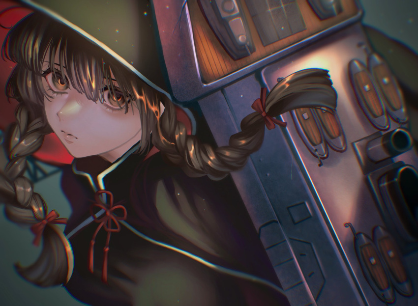 1girl, black_capelet, braid, breasts, brown_eyes, brown_hair, capelet, closed_mouth