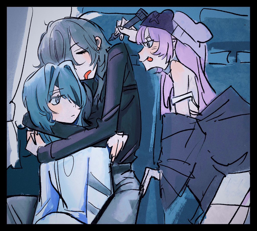 3girls, beanie, black_hair, black_jacket, black_shirt, blue_hair, car_interior, chief_(path_to_nowhere), chinese_commentary, collarbone, commentary_request, eyepatch, female_chief_(path_to_nowhere), grey_eyes, hat, hecate_(path_to_nowhere), hella_(path_to_nowhere), holding, holding_pen, hug, hug_from_behind, jacket, long_hair, long_sleeves, m_no_harawata, multiple_girls, path_to_nowhere, pen, purple_hair, shirt, white_shirt