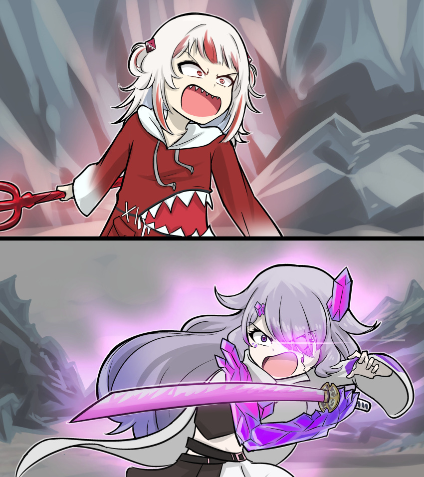 2girls, absurdres, dunkemz, forehead_jewel, gawr_gura, gawr_gura_(1st_costume), gem, grey_hair