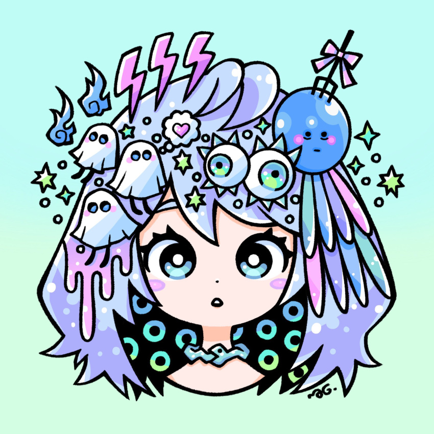 1girl, aqua_background, black_hair, blue_eyes, blue_fire, blue_hair, circle_print, colored_inner_hair