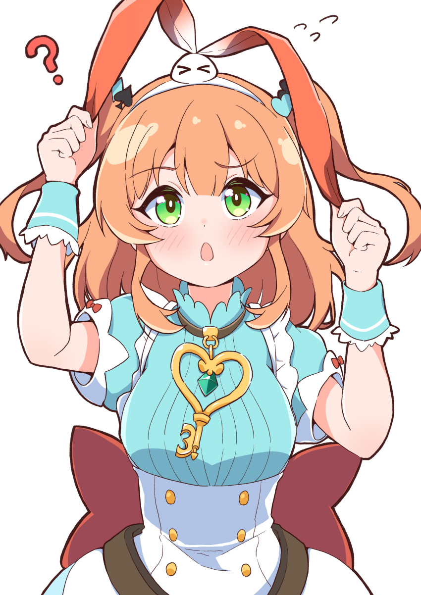 1girl, absurdres, animal_ears, breasts, dress, ebian_(ebiangames), frills, green_eyes, headband, highres, medium_breasts, orange_hair, princess_connect!, rabbit_ears, red_ribbon, ribbon, rino_(princess_connect!), rino_(wonderland)_(princess_connect!), simple_background, solo, two_side_up