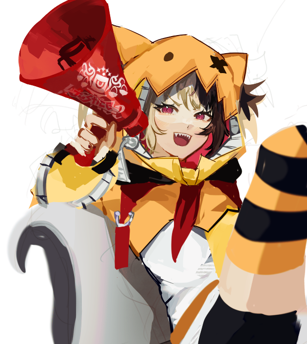 1girl, animal_ear_hood, bike_shorts, black_shorts, black_thighhighs, choripan, fangs, gigi_murin