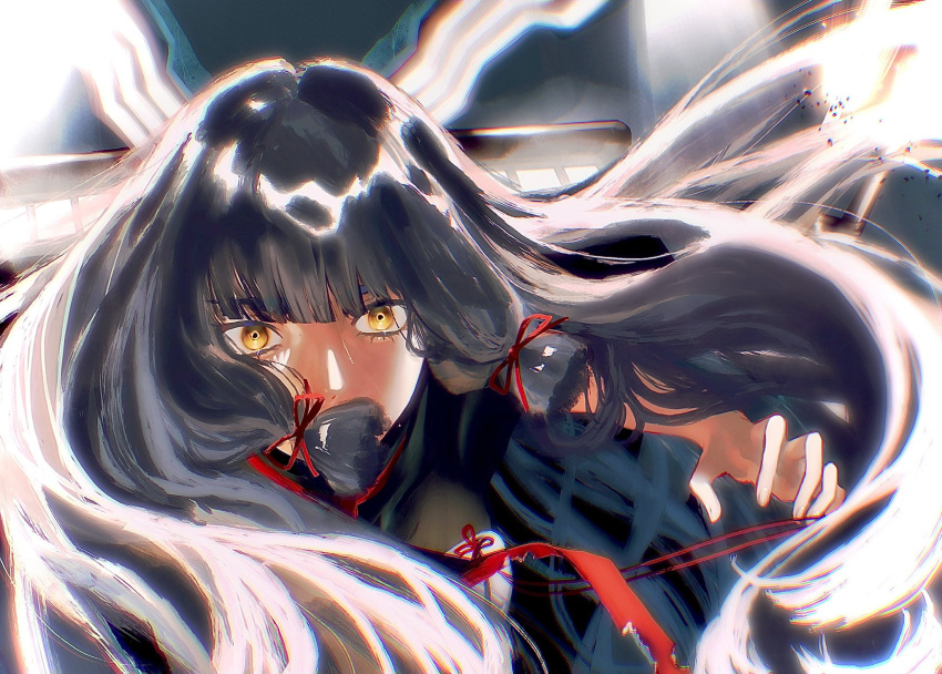 1girl, black_hair, blunt_bangs, closed_mouth, dress, floating_headgear, grey_hair, hair_ribbon