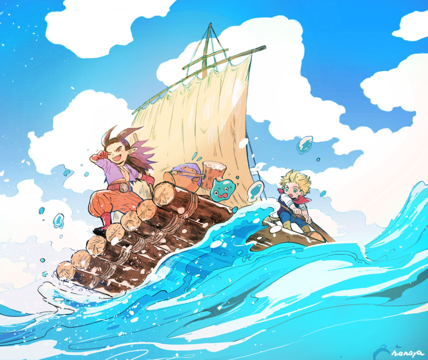 2boys, antenna_hair, artist_name, belt, blonde_hair, blue_eyes, blue_pants, boat