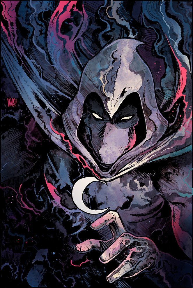 1boy, cape, cloak, commentary, english_commentary, gloves, glowing, glowing_eyes, hood, insignia, looking_at_viewer, male_focus, marvel, mask, moon_knight, simple_background, smoking, solo, superhero_costume, upper_body, vinartwork, western_comics_(style), white_gloves