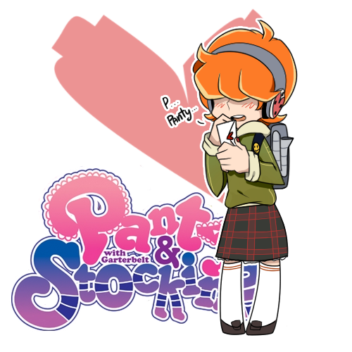 brief, genderswap, hair_over_eyes, headphones, orange_hair, panty_&amp;_stocking_with_garterbelt, rapi_(artist), skirt