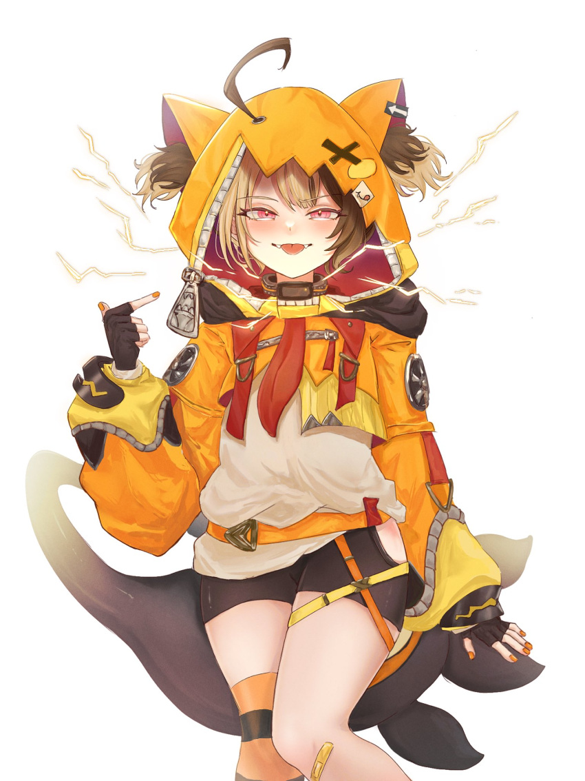 1girl, ahoge, animal_ear_hood, bandaid, bandaid_on_knee, bandaid_on_leg, bike_shorts, black_gloves