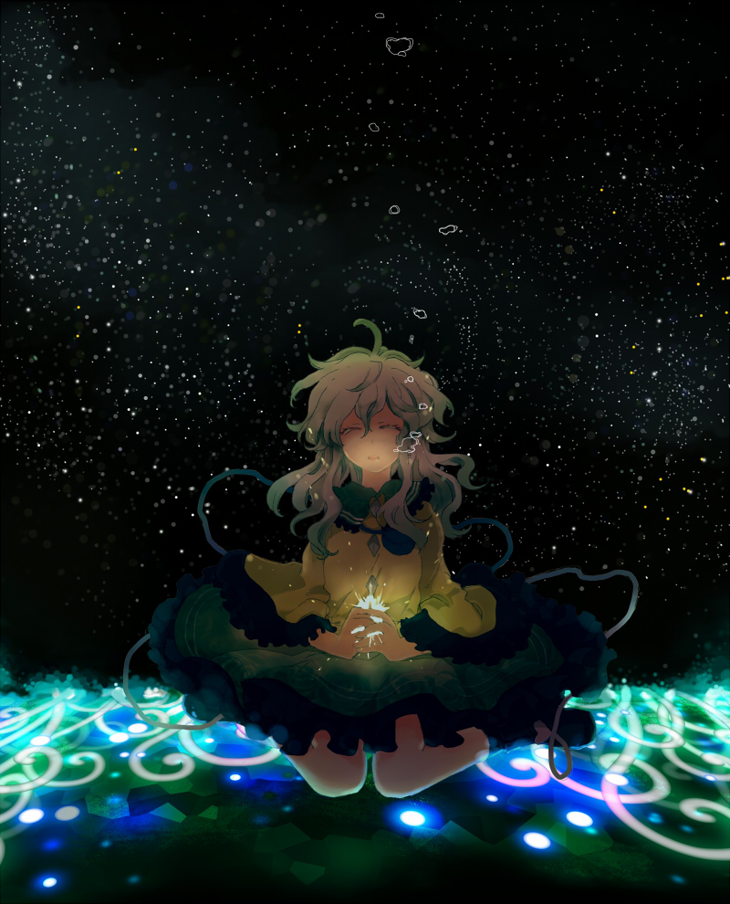 hands_clasped, komeiji_koishi, long_hair, no_hat, no_headwear, popoin, silver_hair, solo